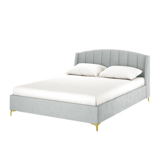 Lyra light grey velvet queen bed frame with vertical channel tufted winged headboard and gold legs