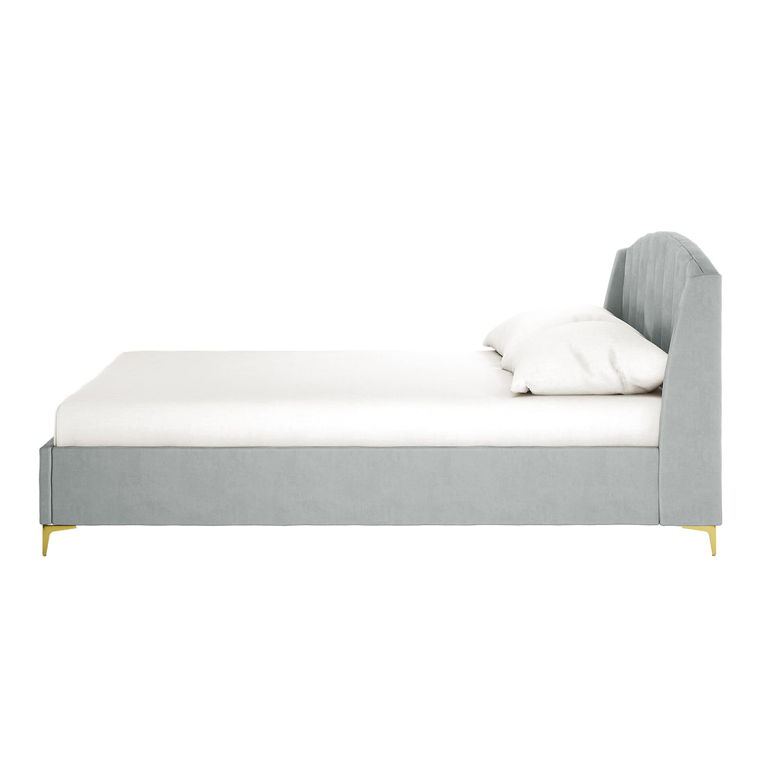 Lyra light grey velvet queen bed frame with winged headboard and gold legs, side view with white mattress and pillows
