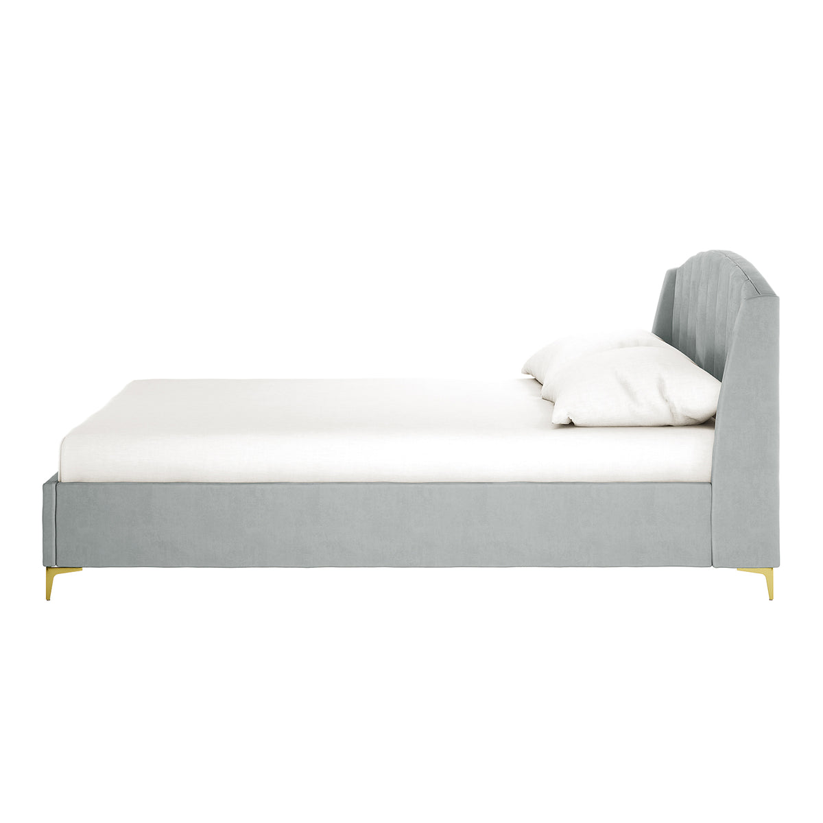 Lyra light grey velvet queen bed frame with winged headboard and gold legs, side view with white mattress and pillows