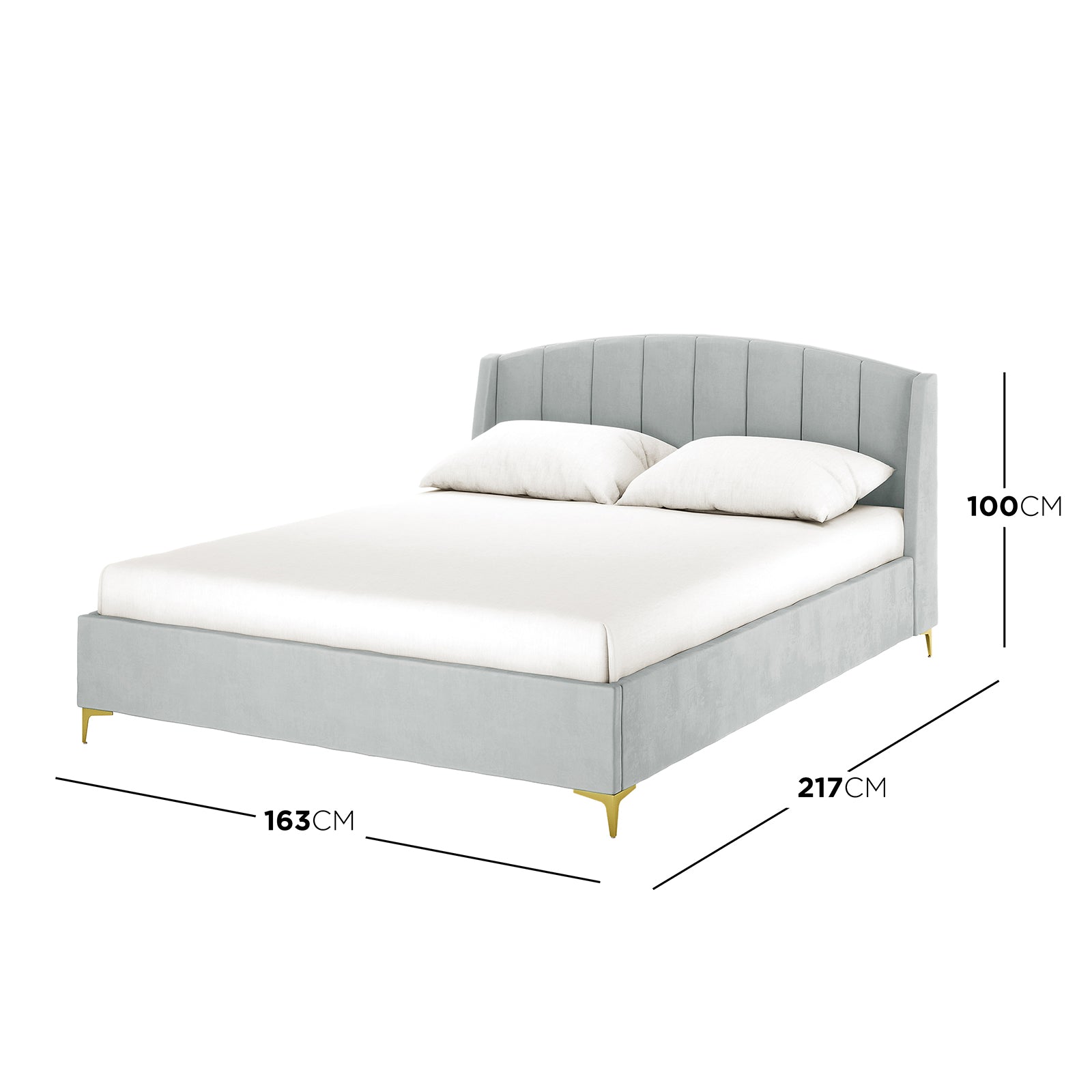 Lyra light grey velvet queen bed frame with winged headboard, gold legs, 163cm wide, 217cm long, 100cm high