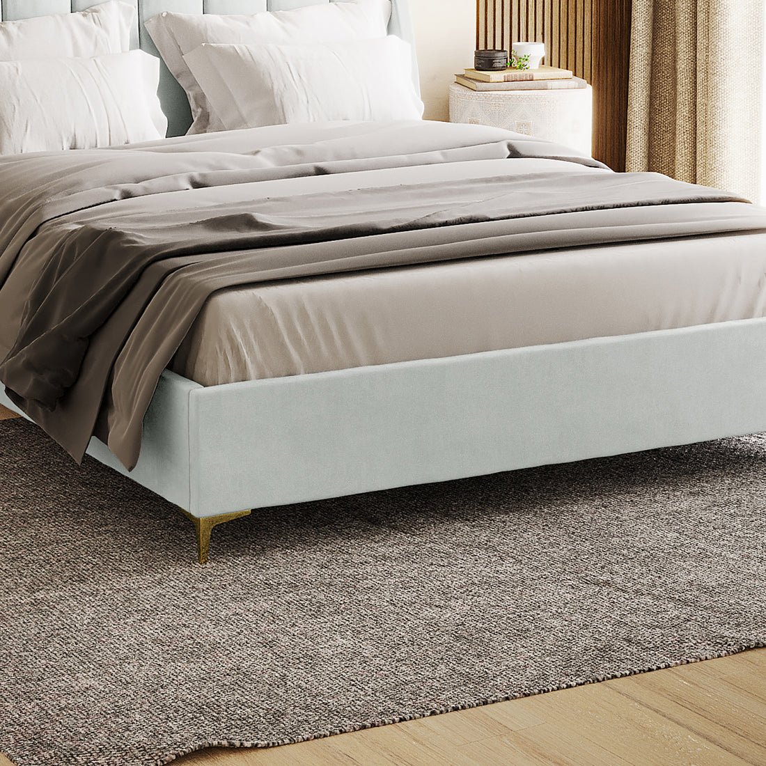 Lyra light grey queen bed frame with winged headboard, velvet upholstery, gold legs