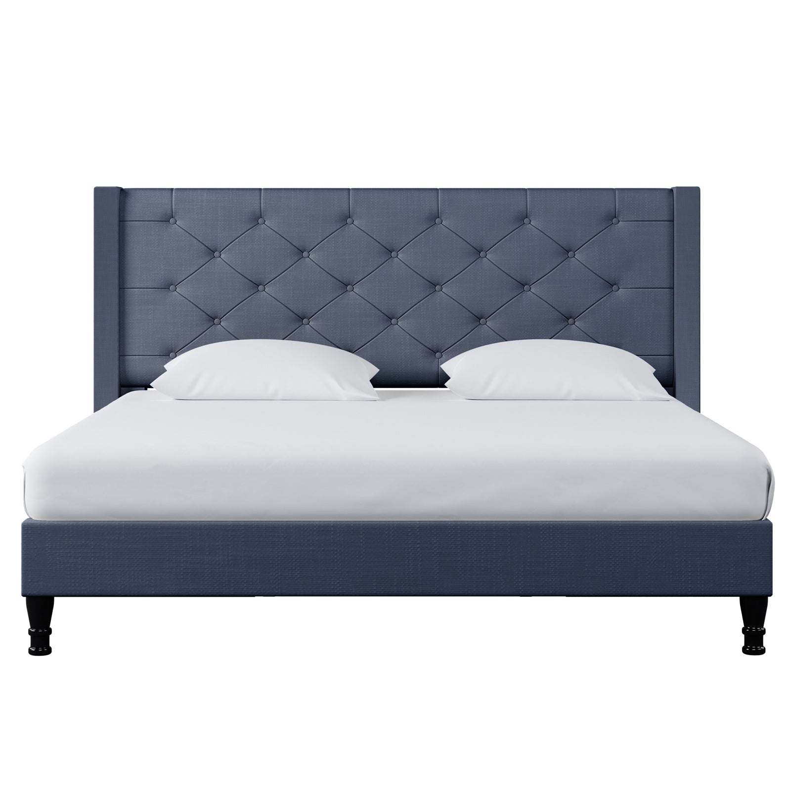Maggie King Winged Fabric Bed Frame – Dark Blue with a tall, button-tufted headboard, white bedding, and dark wood legs, offering a blend of old-world charm and contemporary style.