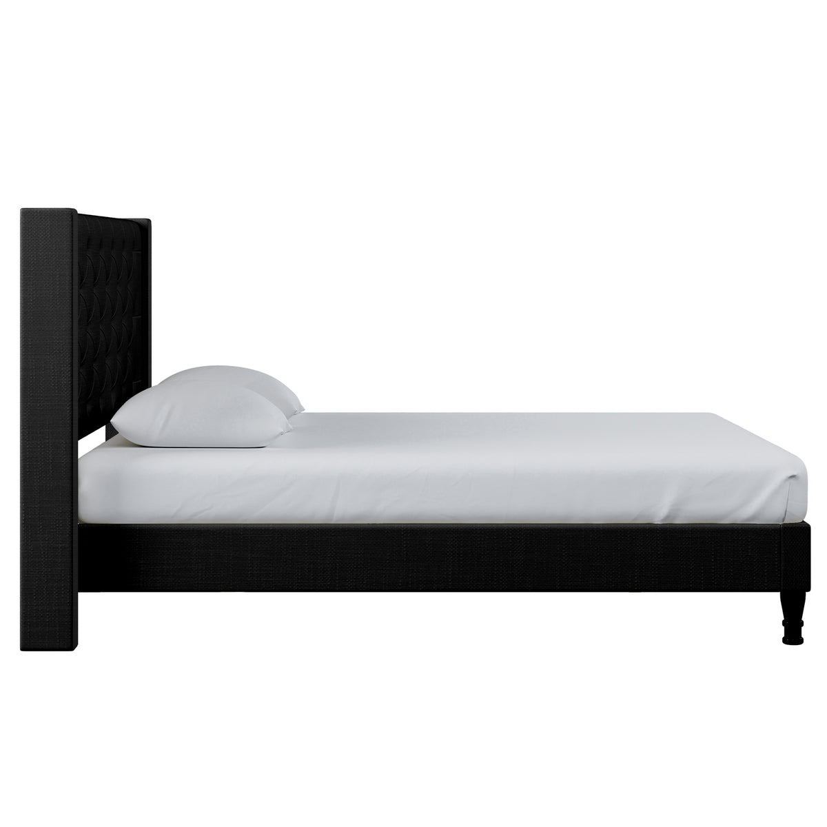 Maggie Queen Winged Fabric Bed Frame – Black, featuring a deep-buttoned Chesterfield headboard and black fabric upholstery, showcasing its plush support and sophisticated appeal in a close-up view.