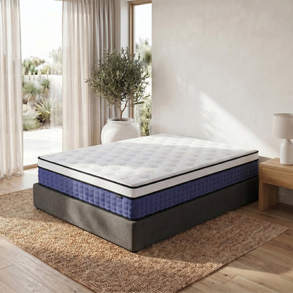 Antheia Double 32cm Euro Top Memory Foam Latex Mattress in Medium Firm, featuring white quilted top and navy-blue tufted side