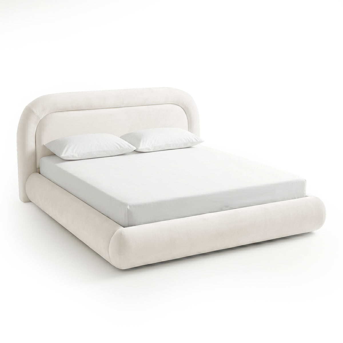 Cream white upholstered king bed frame with curved headboard and footboard, white mattress and pillows on white background