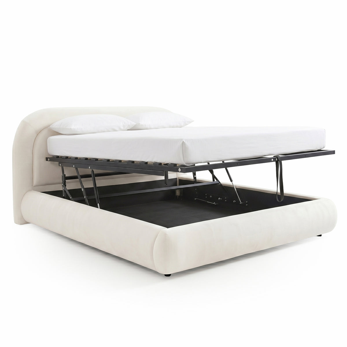 Cream white upholstered storage bed with gas lift platform revealing under-bed storage space