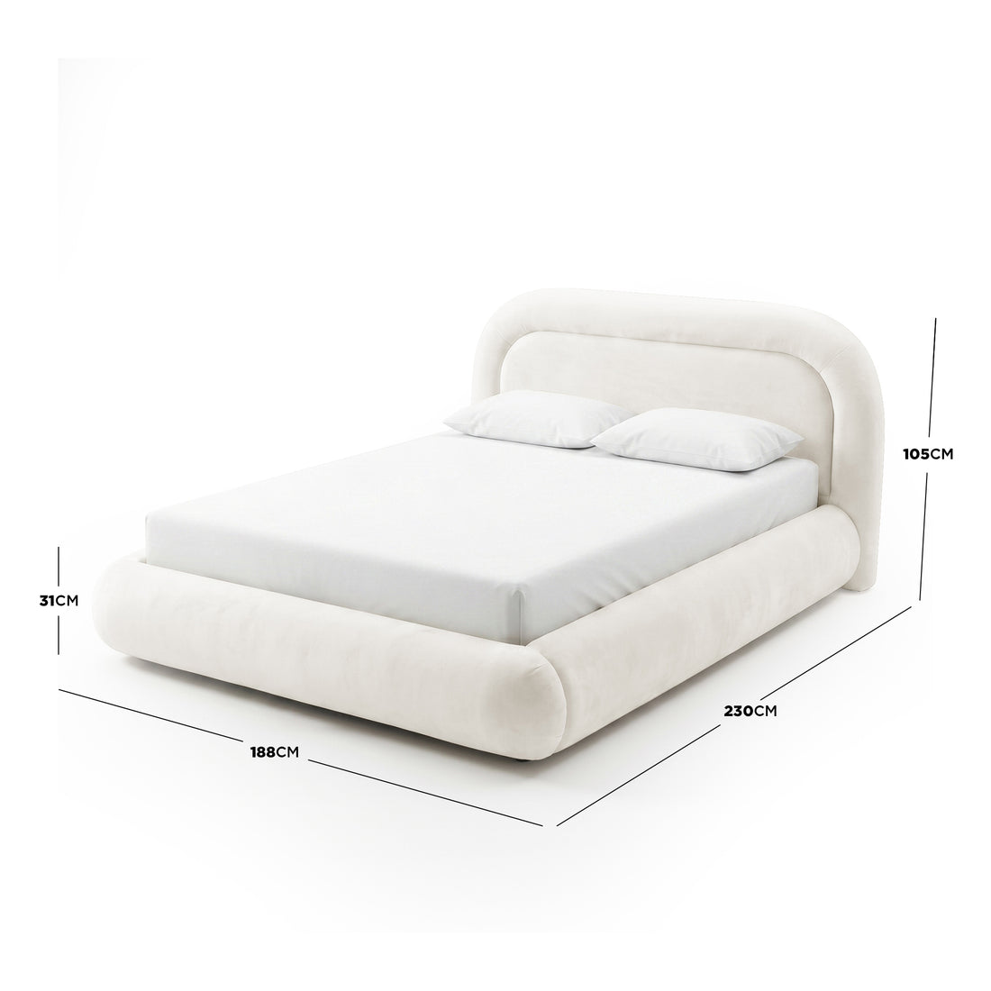 Cream white upholstered queen bed frame with curved headboard, gas lift storage base, dimensions 230cm x 188cm x 105cm