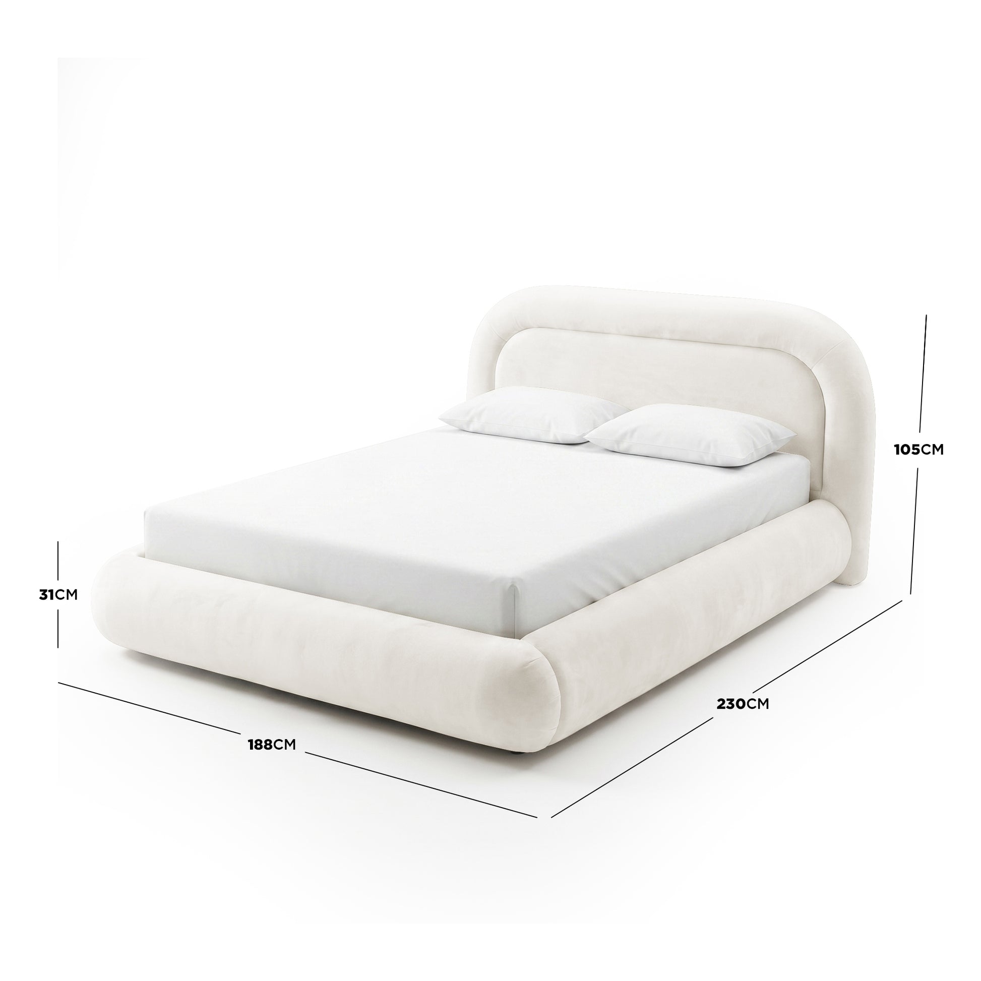 Cream white upholstered queen bed frame with curved headboard, gas lift storage base, dimensions 230cm x 188cm x 105cm