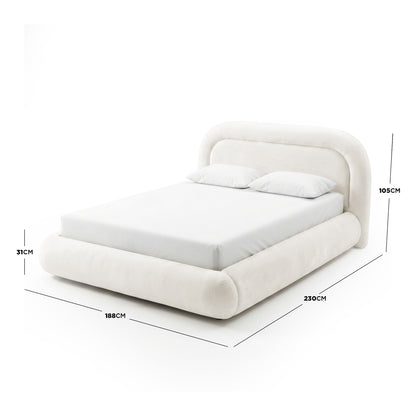 Cream white upholstered queen bed frame with curved headboard, gas lift storage base, dimensions 230cm x 188cm x 105cm