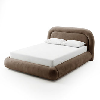 Mara Queen velvet gas lift storage bed frame in taupe brown with curved headboard and white mattress