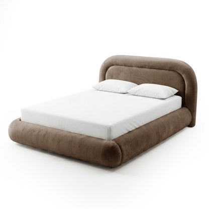 Mara Queen velvet gas lift storage bed frame in taupe brown with curved headboard and white mattress