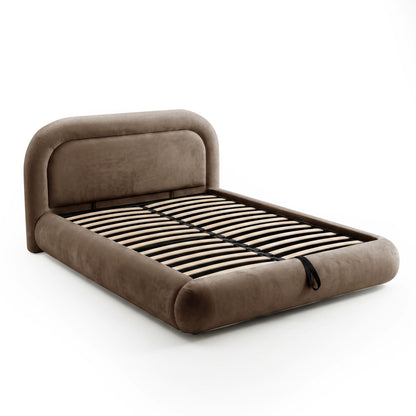Mara Queen gas lift storage bed frame in taupe brown velvet with curved headboard and wooden slats