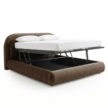 Mara Queen gas lift storage bed frame in taupe brown velvet with mattress base lifted to reveal under-bed storage space