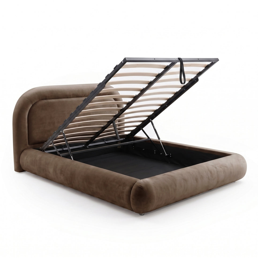 Mara queen gas lift storage bed frame with taupe brown velvet upholstery, curved headboard and footboard, wooden slats lifted
