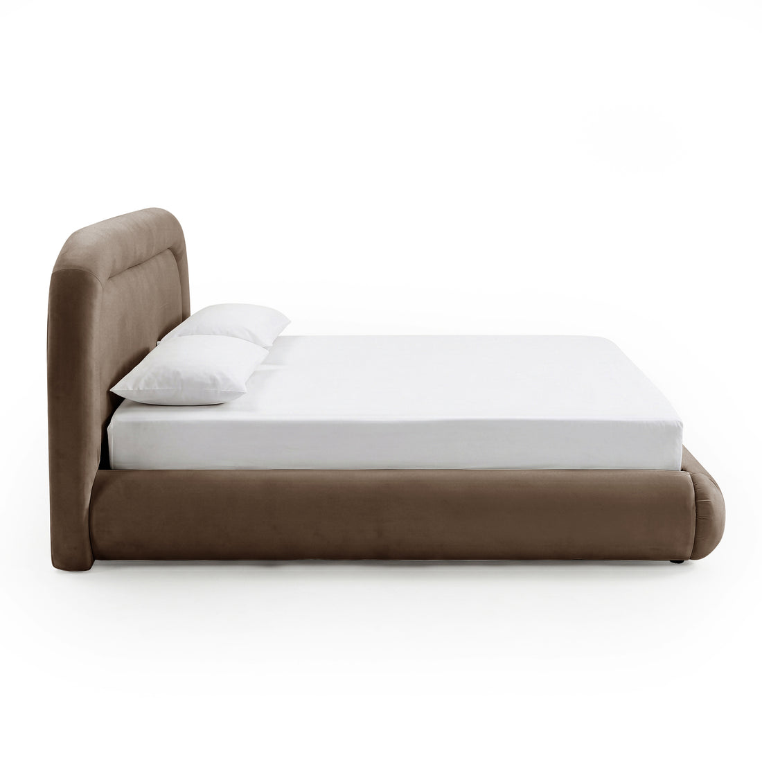 Mara Queen gas lift storage bed frame in taupe brown velvet with curved headboard and white bedding
