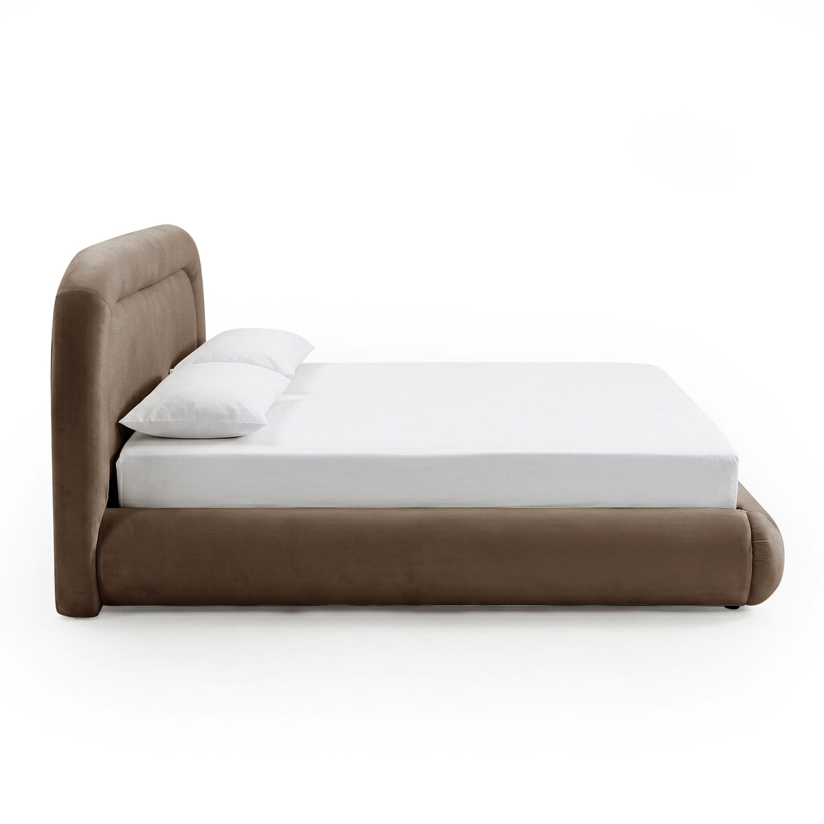 Mara Queen gas lift storage bed frame in taupe brown velvet with curved headboard and white bedding