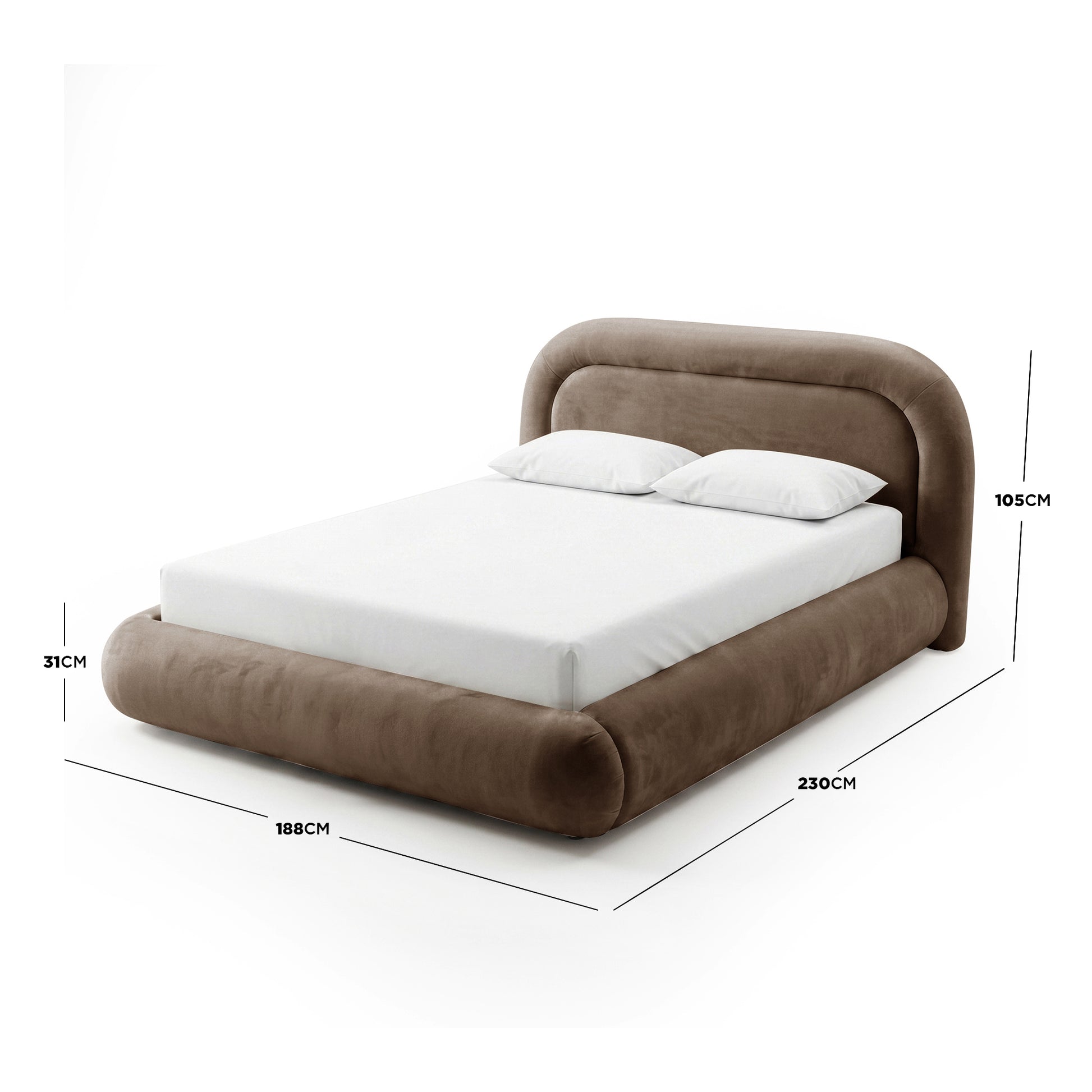Mara Queen gas lift storage bed frame in taupe brown velvet with curved headboard and footboard, shown with dimensions 230cm