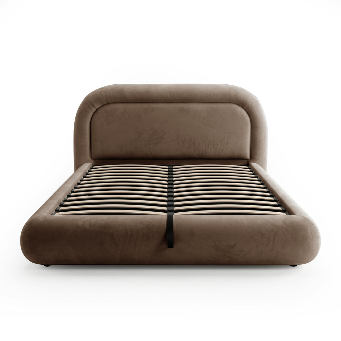 Mara Queen gas lift storage bed frame in taupe brown velvet with curved headboard and slatted base