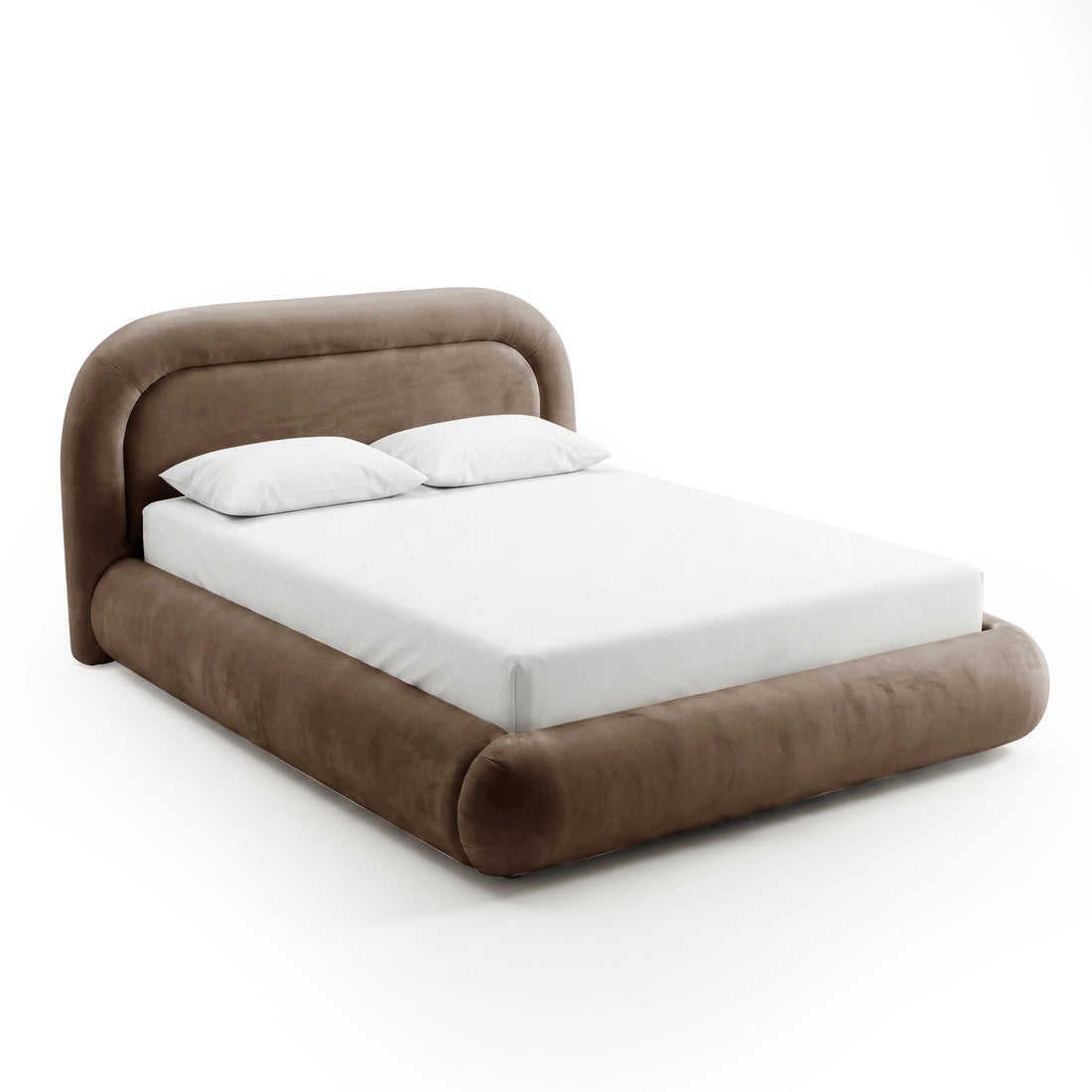Mara Queen gas lift storage bed frame in taupe brown velvet with curved headboard and footboard, shown with white mattress