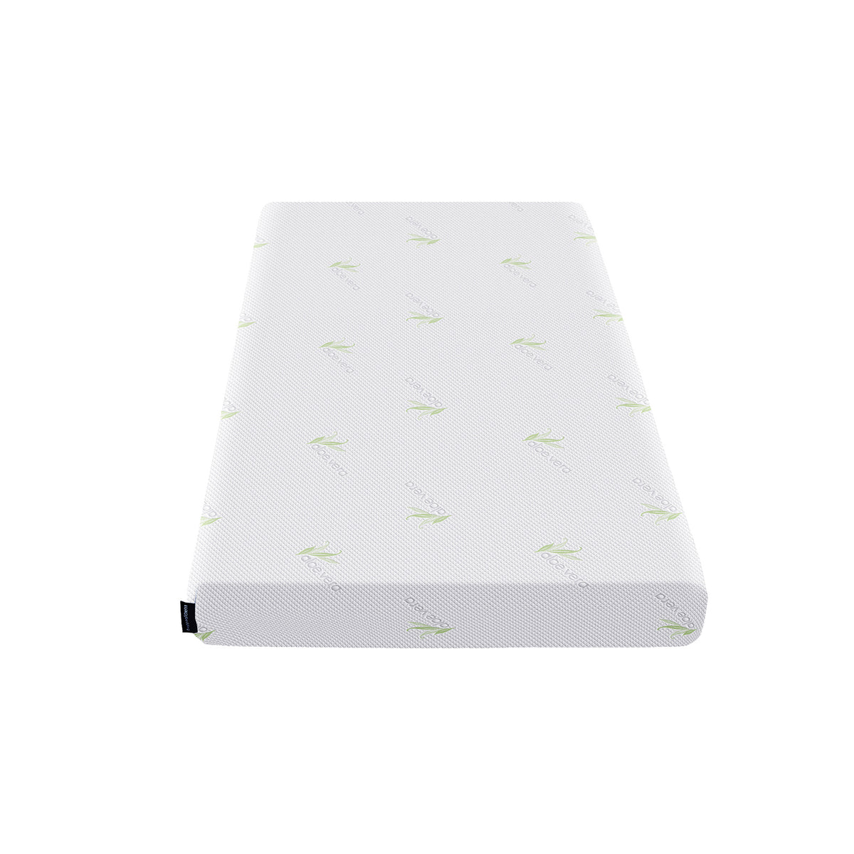 Calypso 20cm Cool Gel Memory Foam Single Mattress, featuring a white stretch-knit cover adorned with green Aloe Vera logos, showcased at an angle to highlight its 20cm thickness and fabric texture.