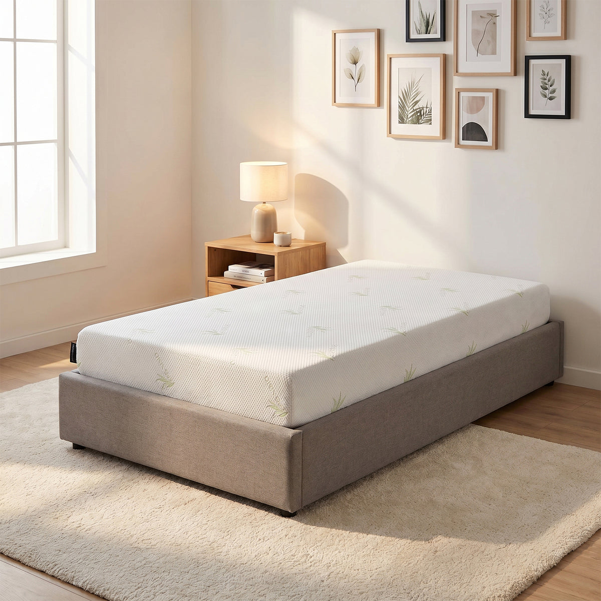 Calypso 20cm Cool Gel Memory Foam Single Mattress with bamboo-patterned white cover on grey upholstered bed base in neutral