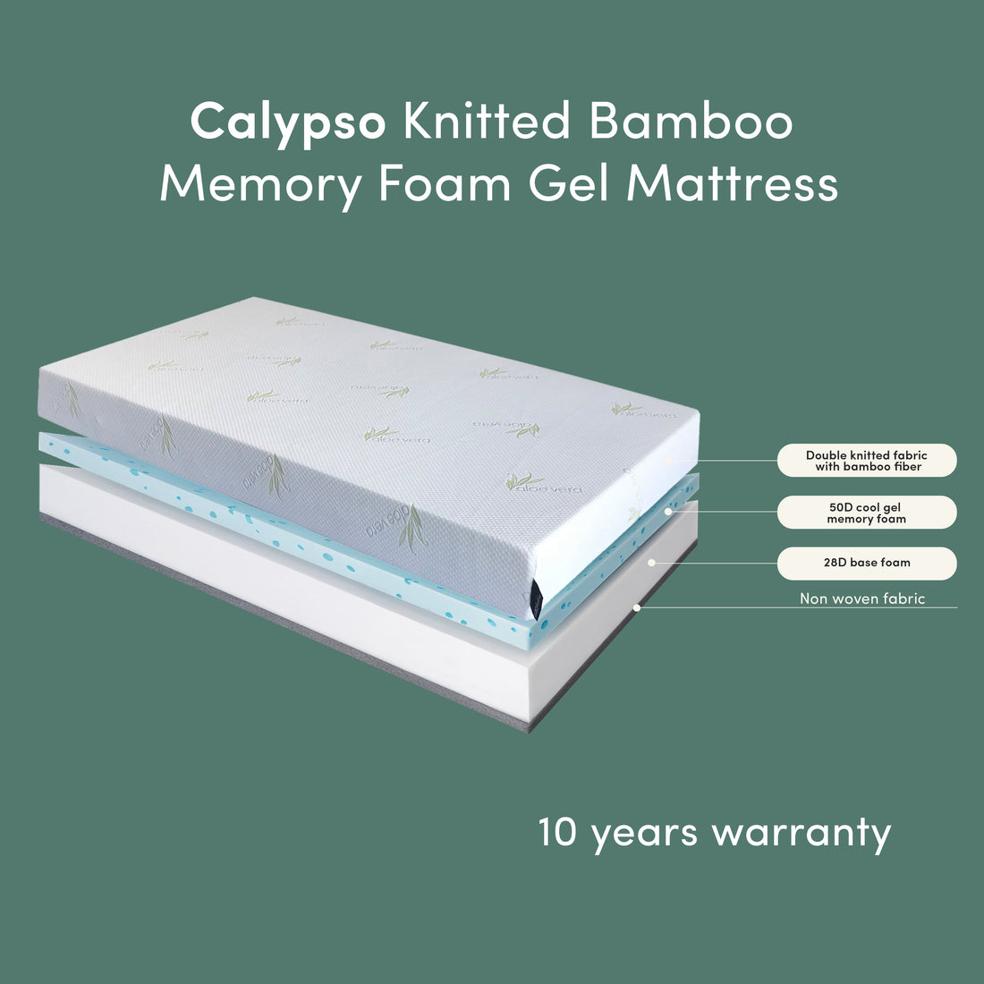 Calypso Knitted Bamboo Memory Foam Gel Mattress with double knitted bamboo fibre cover, 50D cool gel memory foam layer, 28D