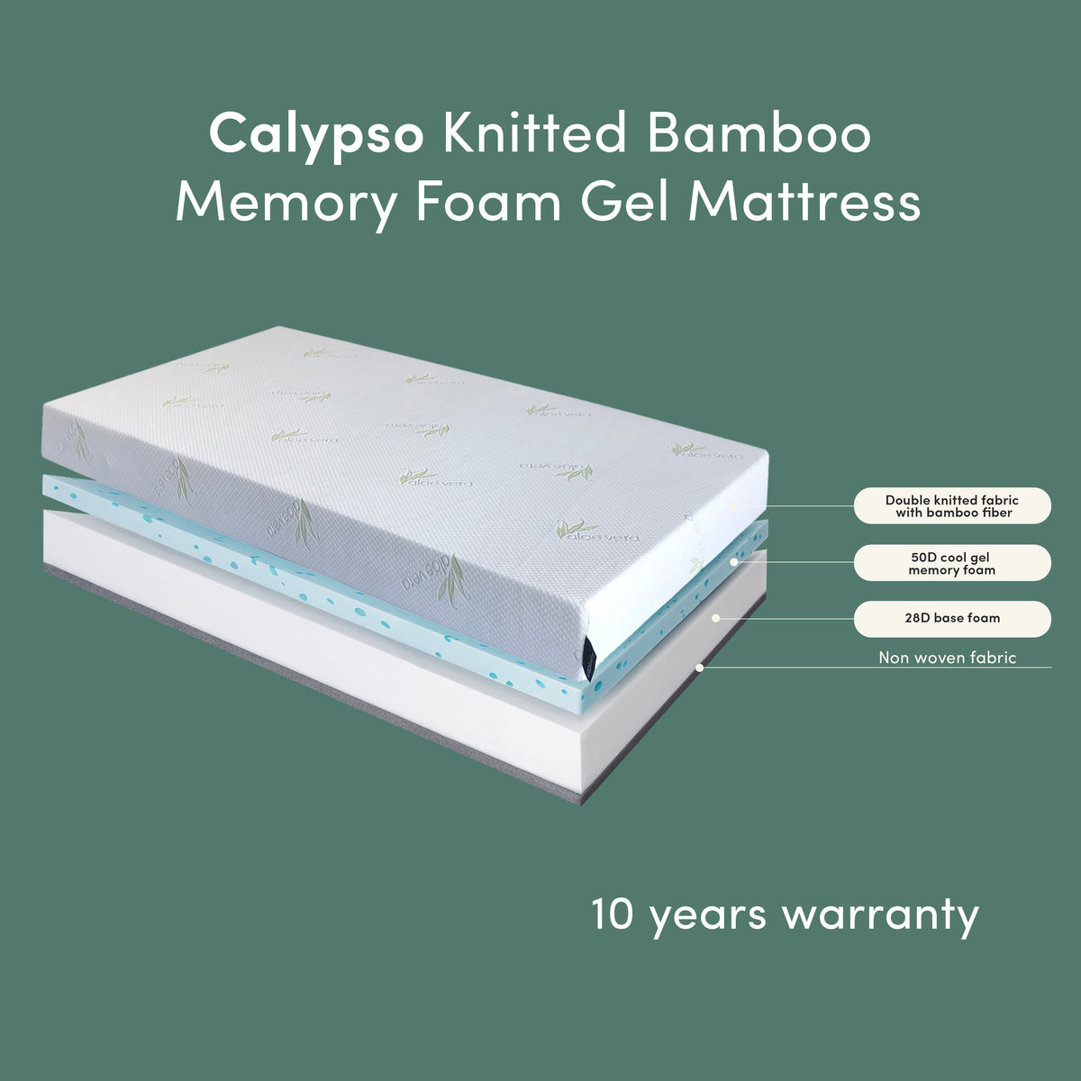 Calypso Knitted Bamboo Memory Foam Gel Mattress with double knitted bamboo fibre cover, 50D cool gel memory foam layer, 28D