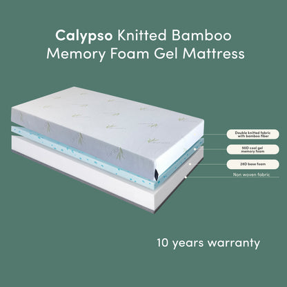 Calypso Knitted Bamboo Memory Foam Gel Mattress with double knitted bamboo fibre cover, 50D cool gel memory foam layer, 28D