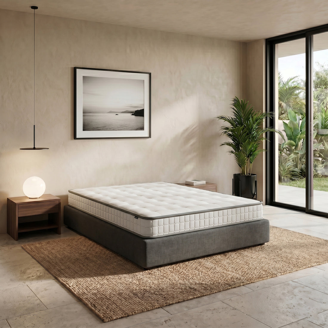 Cybele Double 20cm Pocket Spring Memory Foam Mattress on grey base in minimalist bedroom with woven rug, timber bedside