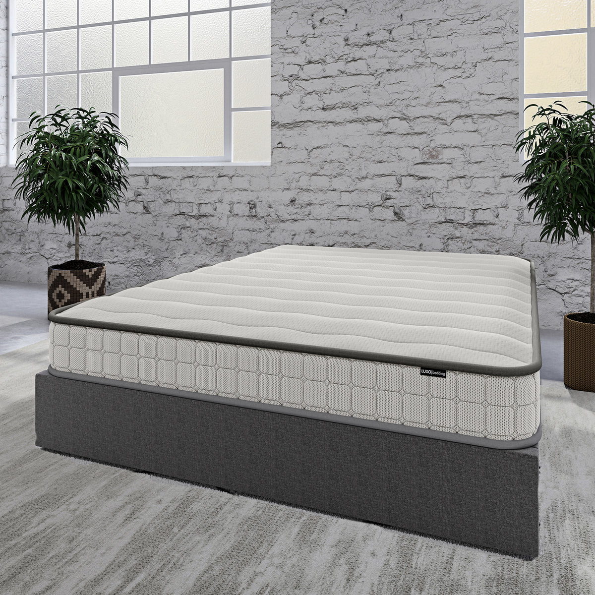 Cybele Queen 20cm Pocket Spring Memory Foam Mattress on a dark gray upholstered base in a minimalist setting, showcasing its plush, quilted top in a serene room with potted plants and large windows.