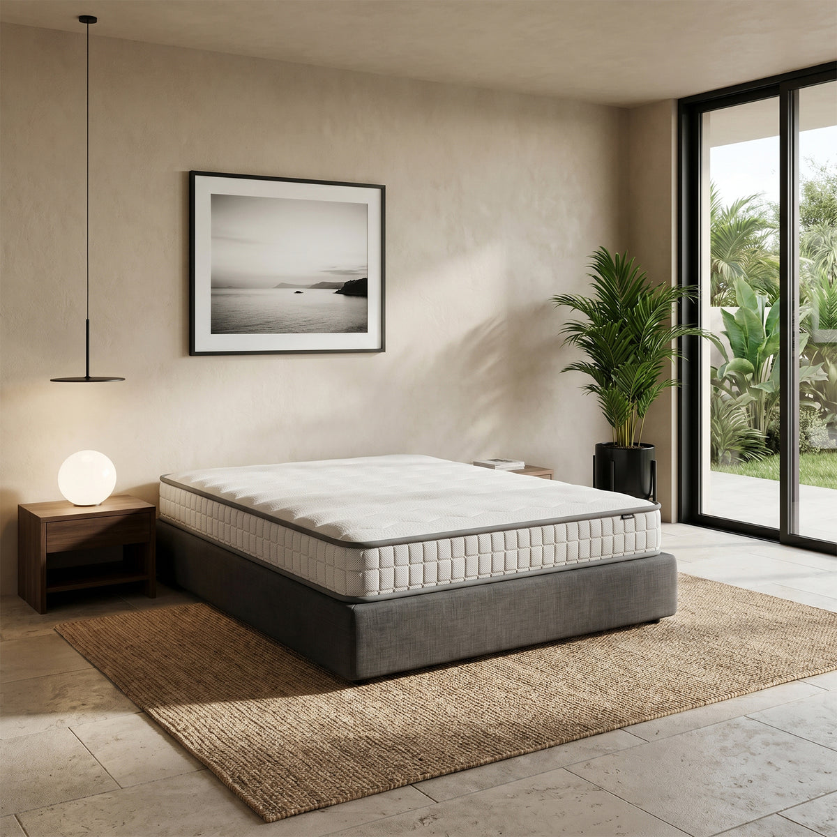 Cybele Queen 20cm Pocket Spring Memory Foam Mattress with quilted white top and grey piped edges on a grey upholstered base