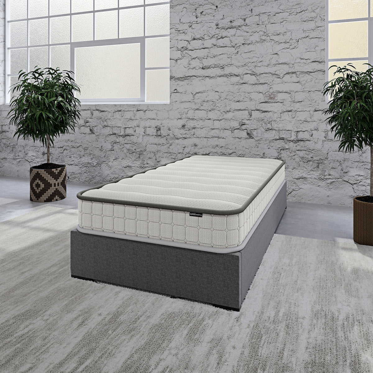 Cybele Single 20cm Pocket Spring Memory Foam Mattress on a dark grey platform with quilted top, highlighted in a minimalist industrial-style setting with potted plants and concrete flooring.