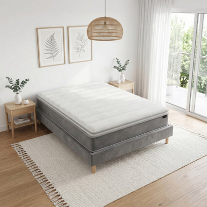 Delia Queen 28cm Medium Firm Euro Top Latex Mattress with plush white quilted top and grey base on timber bed frame