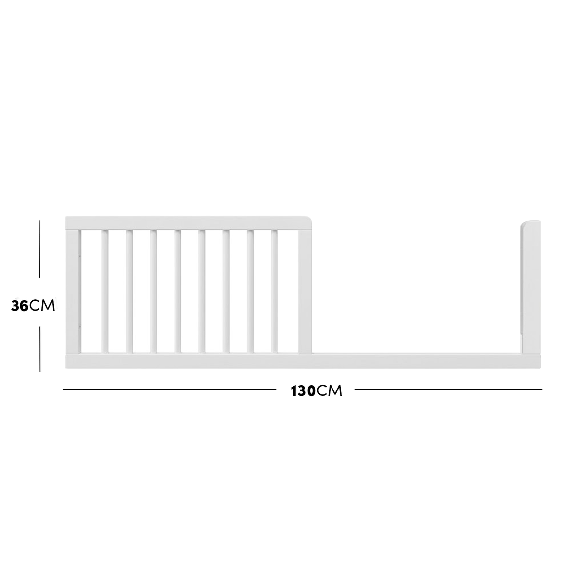 White timber toddler bed safety guard rail with dimensions diagram.