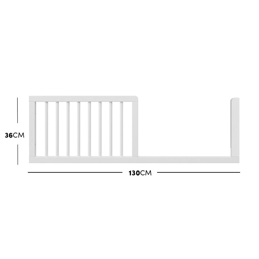 Removable white wooden conversion half-rail component for a kids cot showing measurements.