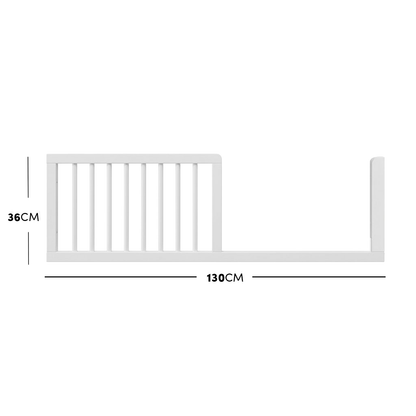 Removable white wooden conversion half-rail component for a kids cot showing measurements.