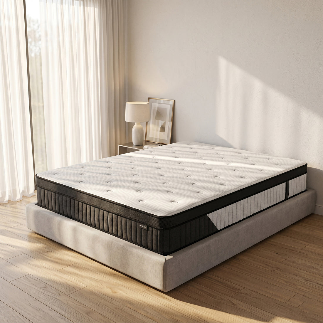 Enyo 26cm Euro Top Medium Firm Pocket Spring Foam Mattress - Double on light grey upholstered bed base in bedroom with white