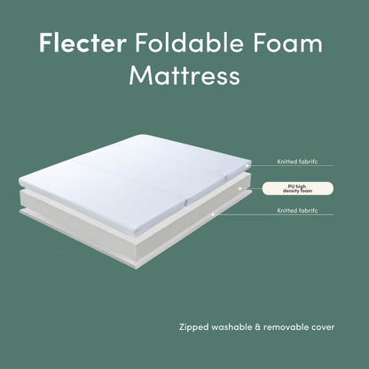 Flecter Foldable Foam Mattress in white with knitted fabric cover and PU high density foam core, featuring zipped washable