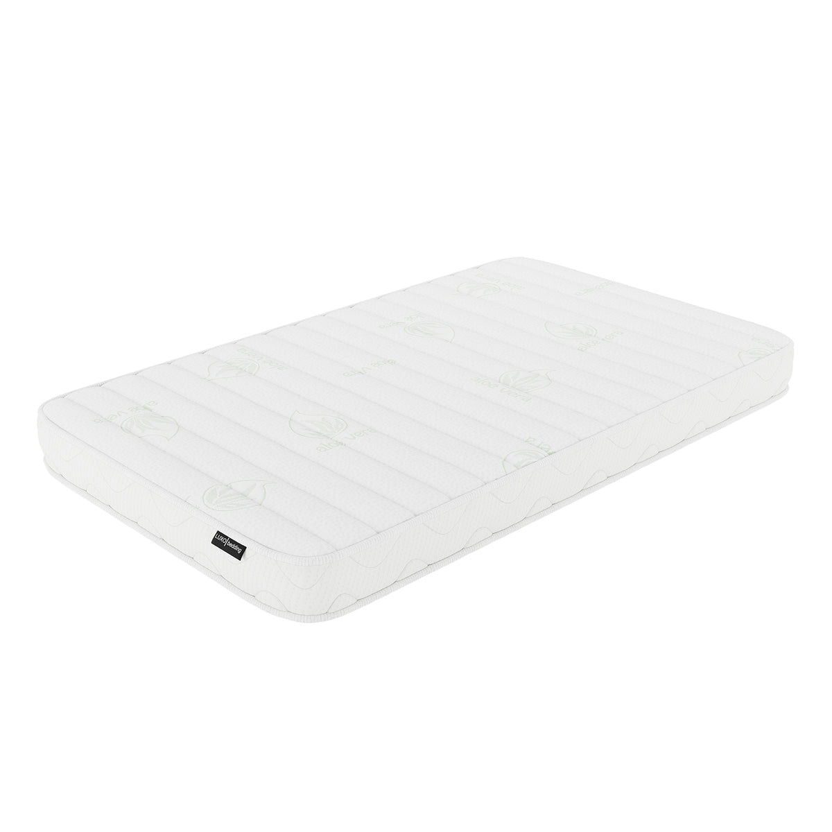 Azeem Baby Cot with Gettel 10cm Nursery Mattress, featuring a white, quilted foam mattress adorned with aloe-leaf logos and a black LUX tag, offers a clean and supportive sleep solution.