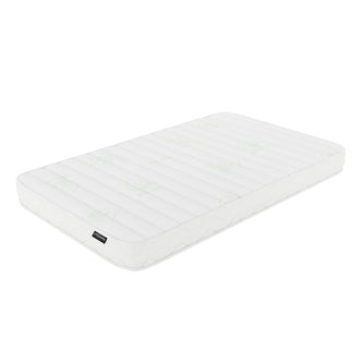 Azeem Baby Cot with Gettel 10cm Nursery Mattress, featuring a white, quilted foam mattress adorned with aloe-leaf logos and a black LUX tag, offers a clean and supportive sleep solution.