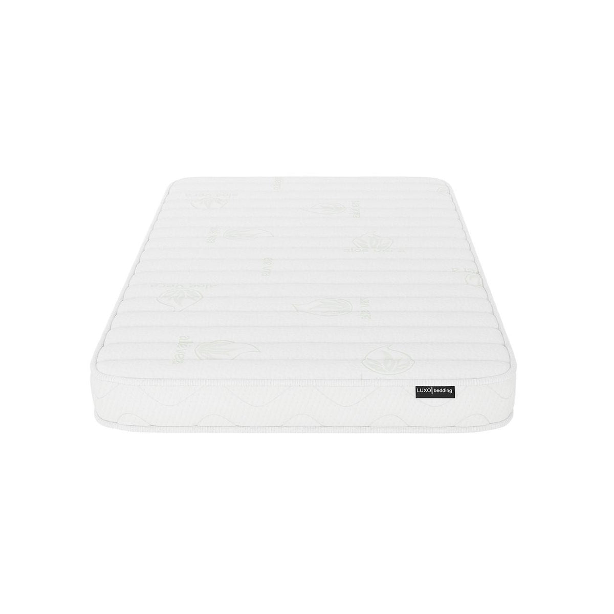 Gettel 10cm High-Density Foam Knitted Nursery Cot Mattress features a quilted cover with subtle stitched patterns and faint leaf motifs; visible LUXO bedding tag enhances its distinct design.