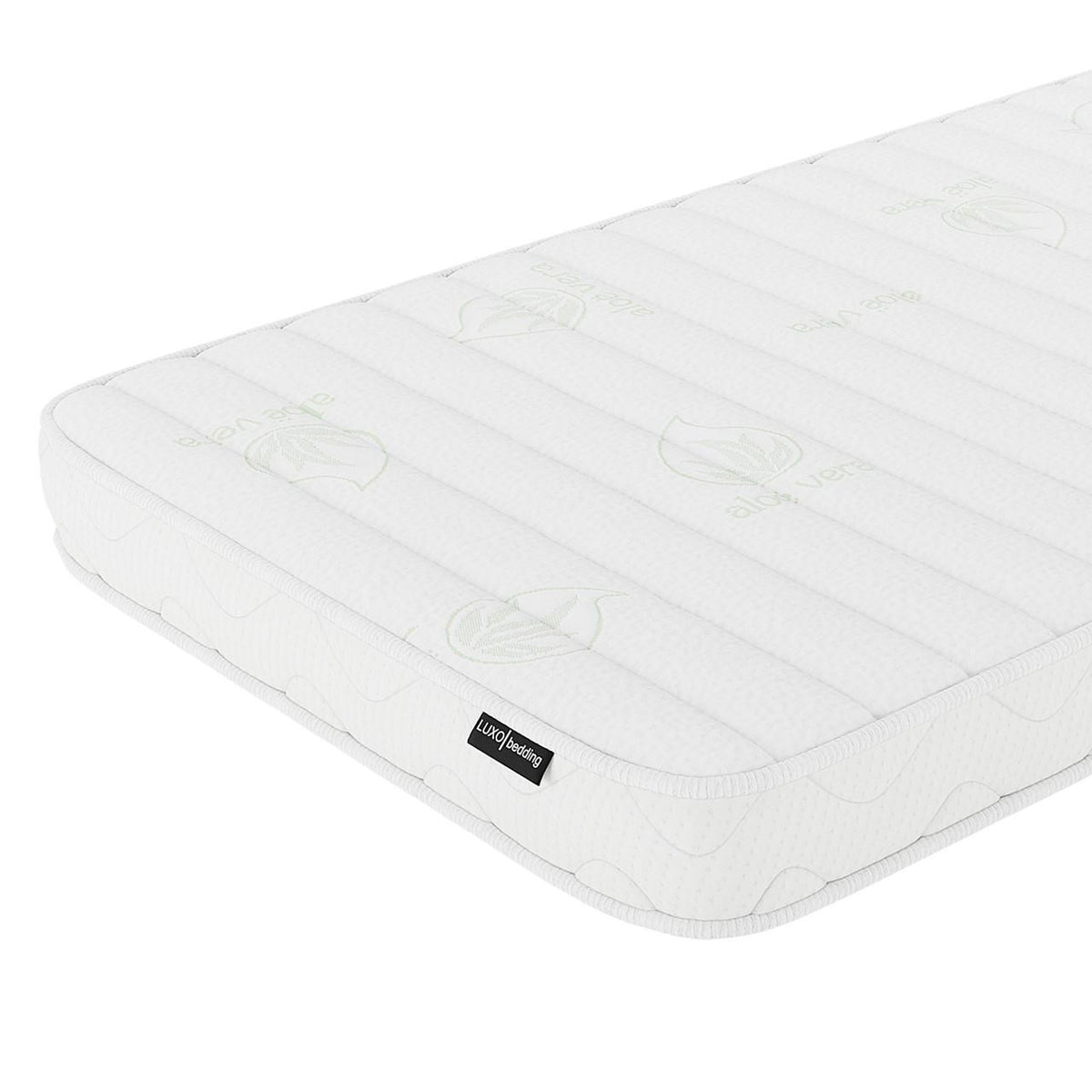 Gettel 10cm High-Density Foam Knitted Nursery Cot Mattress with quilted Aloe Vera motifs and Lux Bedding label, featuring a dual-sided design for support and comfort in a standard cot size.
