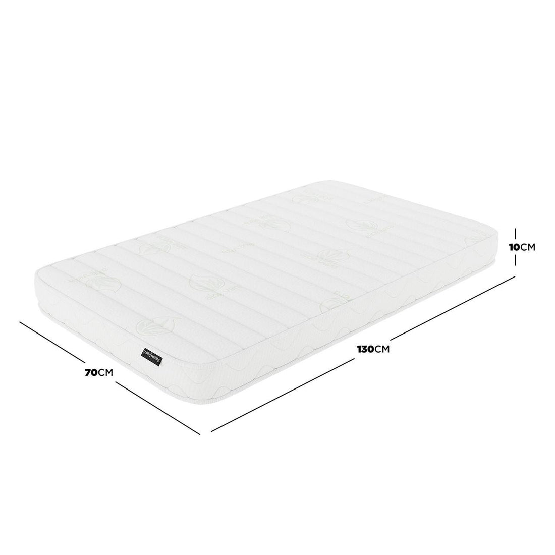 Gettel 10cm High-Density Foam Knitted Nursery Cot Mattress, 130 x 70 x 10cm, featuring quilted Aloe Vera fabric, ideal for toddlers, shown with dimension highlights. - Dimensions