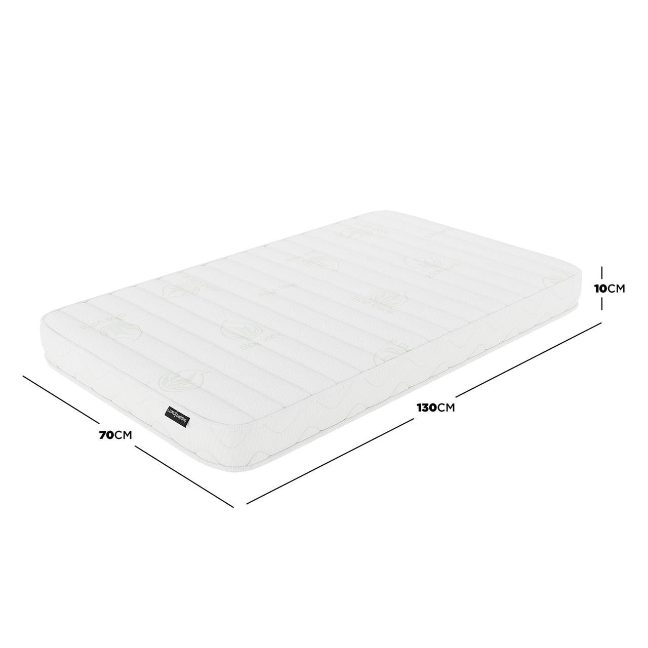 Gettel 10cm High-Density Foam Knitted Nursery Cot Mattress, 130 x 70 x 10cm, featuring quilted Aloe Vera fabric, ideal for toddlers, shown with dimension highlights. - Dimensions