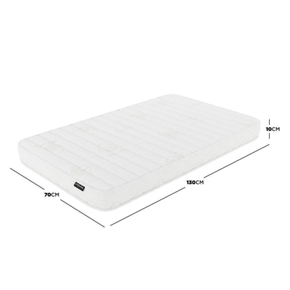 Gettel 10cm High-Density Foam Knitted Nursery Cot Mattress, 130 x 70 x 10cm, featuring quilted Aloe Vera fabric, ideal for toddlers, shown with dimension highlights. - Dimensions