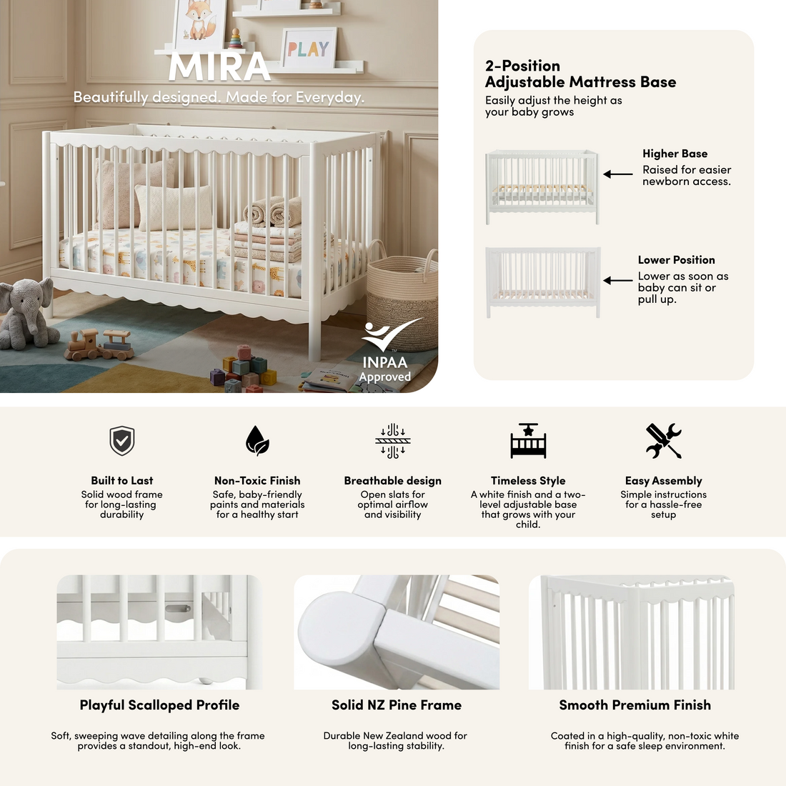 Mira Natural Pine Wood Adjustable Baby Cot in White styled in a room setting