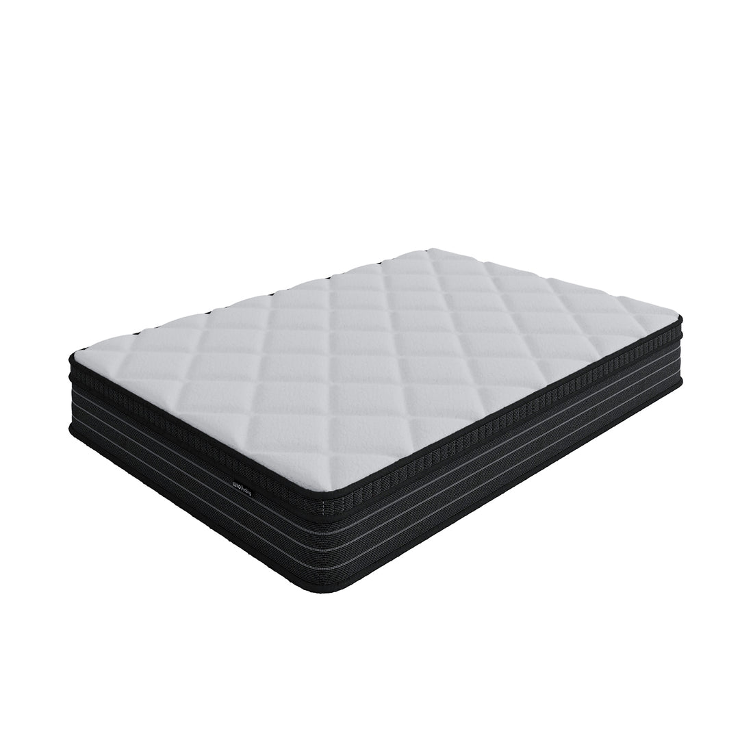White pillow top double mattress with black base, diamond quilted top and 25cm thickness