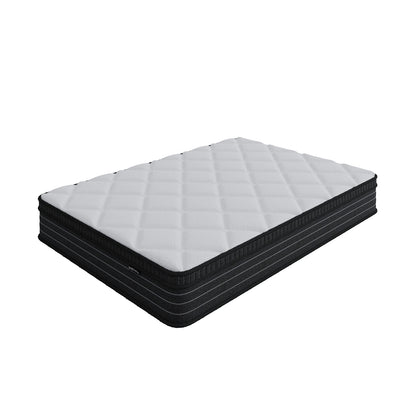 White pillow top double mattress with black base, diamond quilted top and 25cm thickness