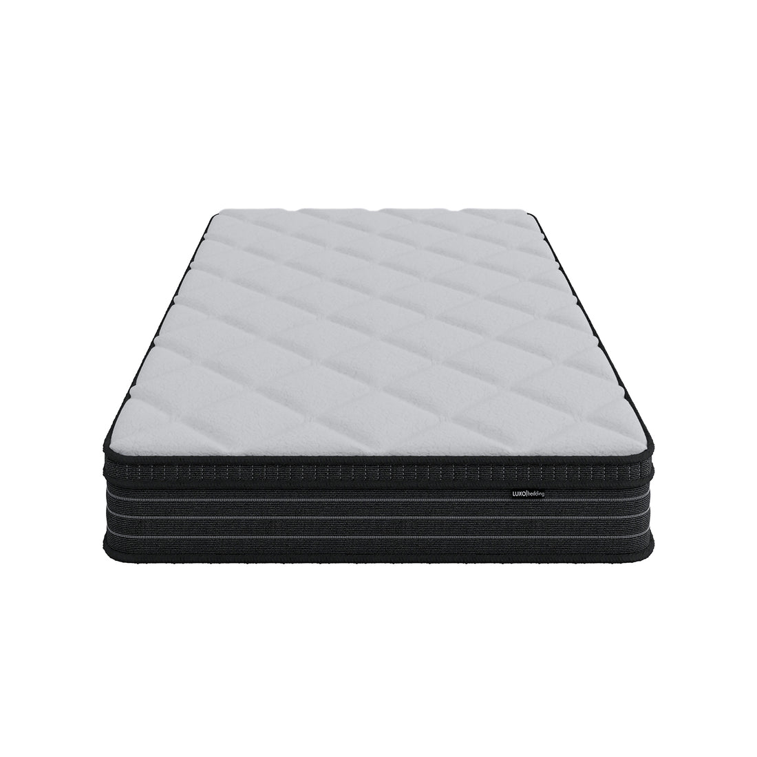Luxo Iris double firm mattress with 25cm foam pillow top, diagonal quilted white top, black striped side panel with brand