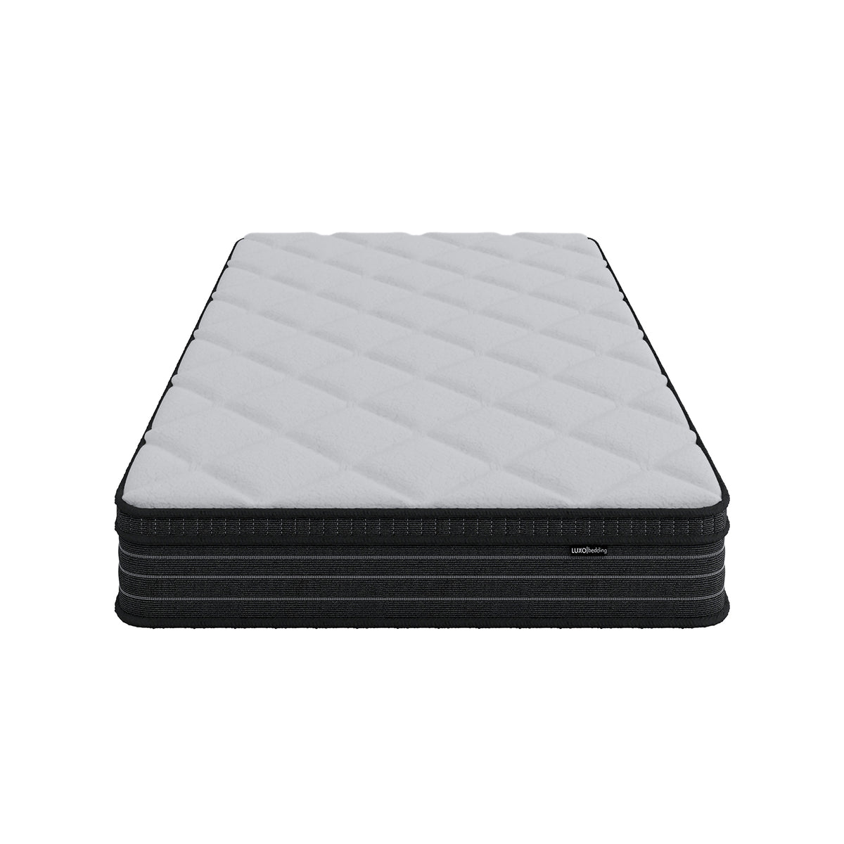 Luxo Iris double firm mattress with 25cm foam pillow top, diagonal quilted white top, black striped side panel with brand